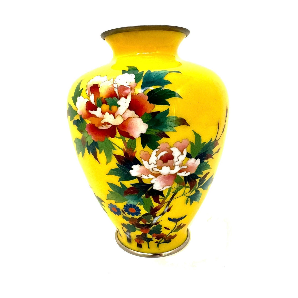 Vintage Japanese Yellow Cloisonné Vase with Flower Design - 6" H X 4.6" Diam.