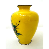 Vintage Japanese Yellow Cloisonné Vase with Flower Design - 6" H X 4.6" Diam.