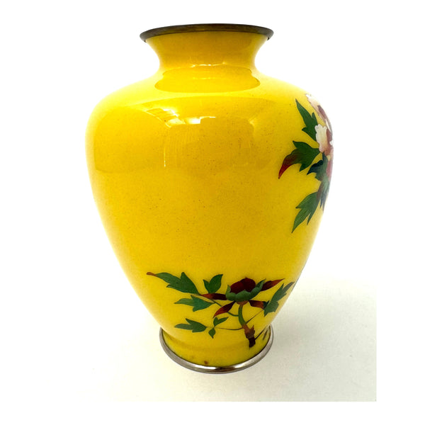 Vintage Japanese Yellow Cloisonné Vase with Flower Design - 6" H X 4.6" Diam.