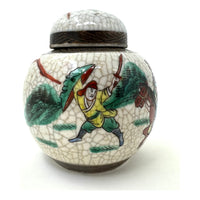 Vintage Chinese White Crackle Porcelain Jar-Shaped Vase with Scene - 4.75" H X 4.5" Diam.