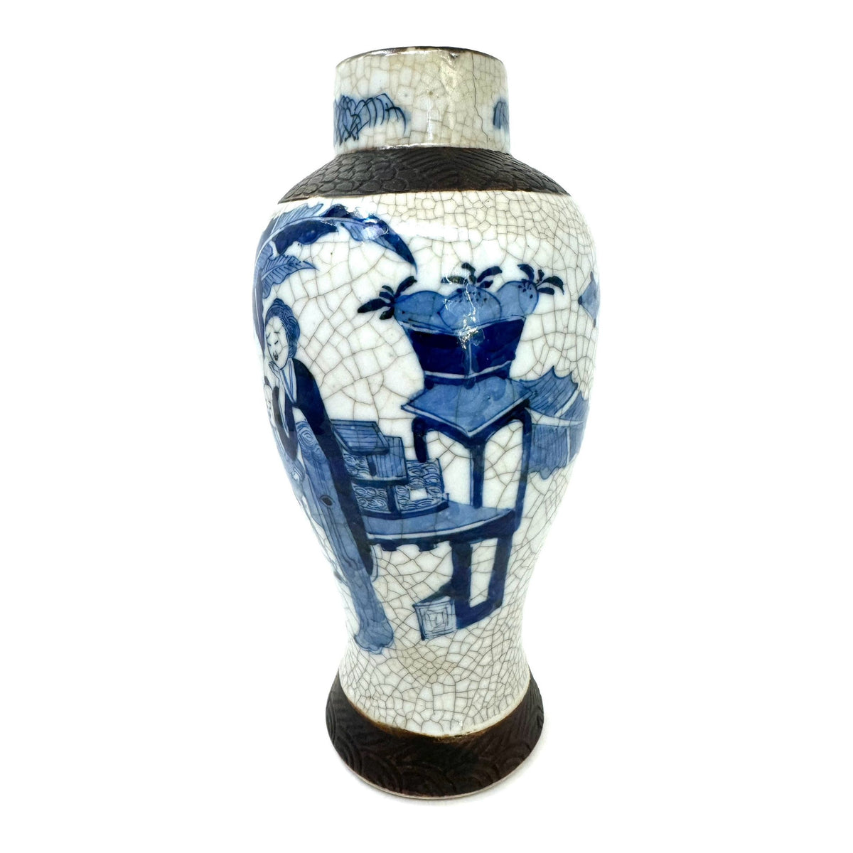 Chinese Blue & White Crackle-Glaze Export Vase - 10.75" H X 5.75" Diam