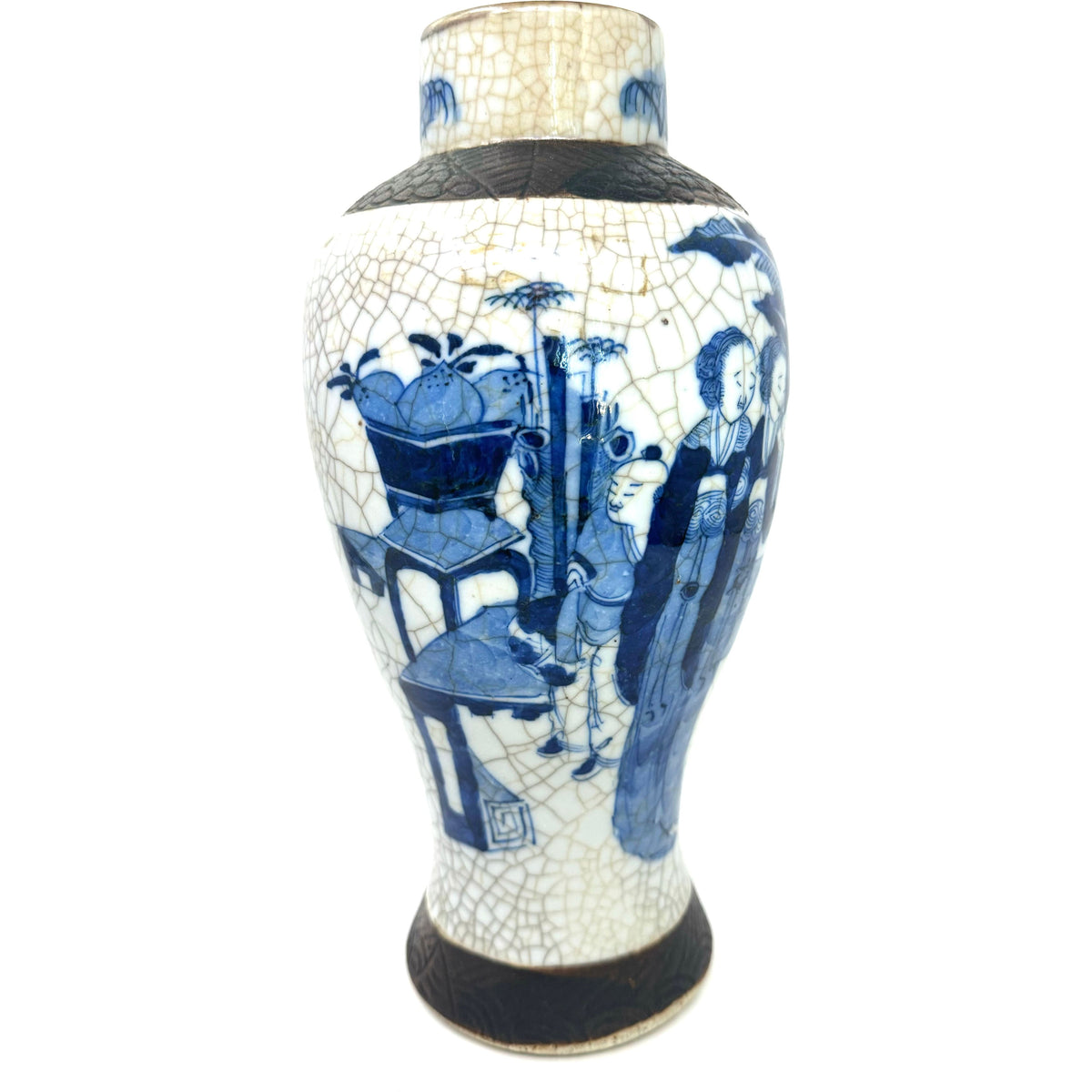 Chinese Blue & White Crackle-Glaze Export Vase - 10.75" H X 5.75" Diam