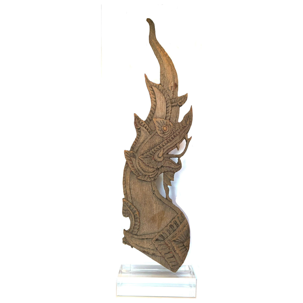 19th Century Thai Wooden Temple Dragon with Gray Patina Mounted Free-Standing on Acrylic Base - 36.5" H X 10" W X 5" D