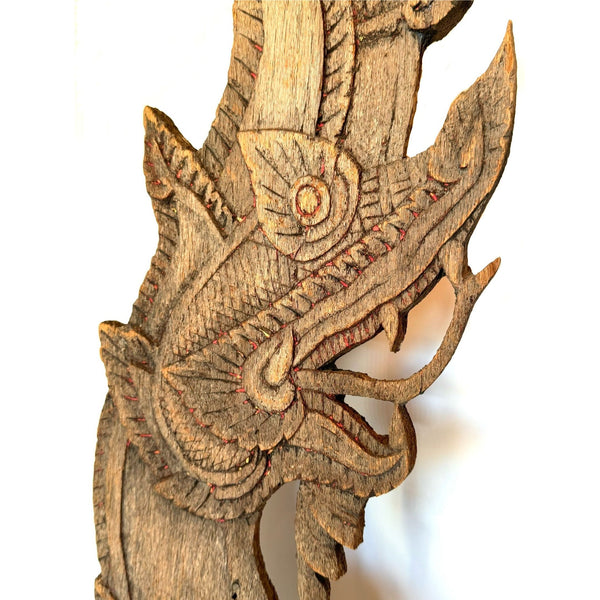 19th Century Thai Wooden Temple Dragon with Gray Patina Mounted Free-Standing on Acrylic Base - 36.5" H X 10" W X 5" D