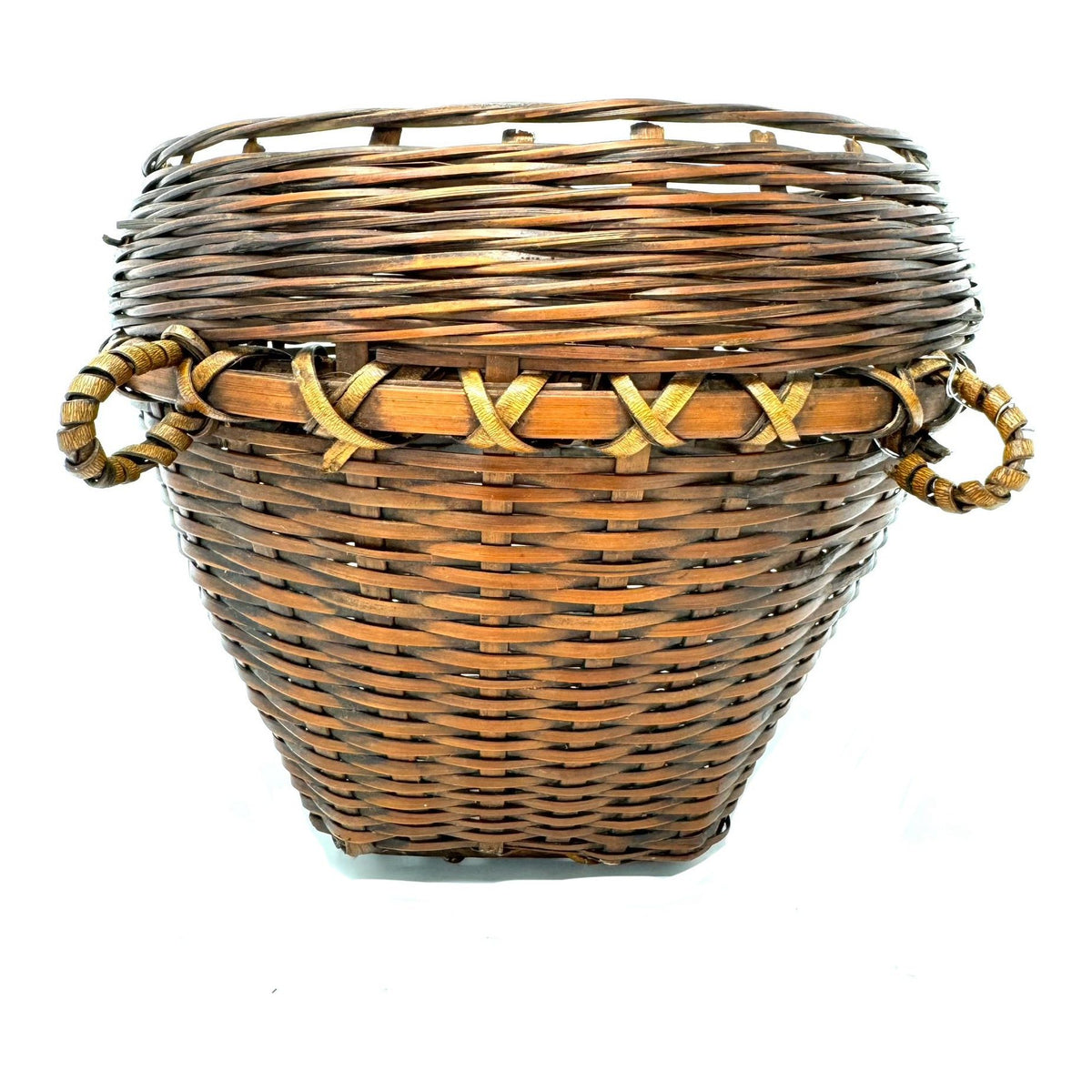 Small Round Vintage Basket with Two Loop Handles from the Philippines Measuring 6.75 Inches Tall and 8.75 Inches Diameter