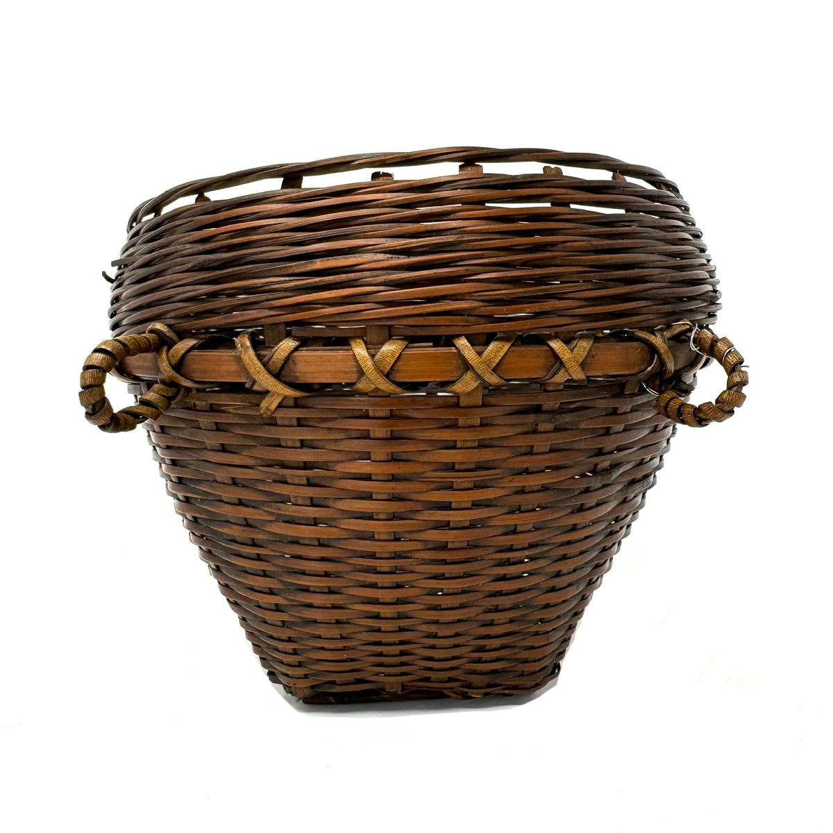 Small Round Vintage Basket with Two Loop Handles from the Philippines Measuring 6.75 Inches Tall and 8.75 Inches Diameter