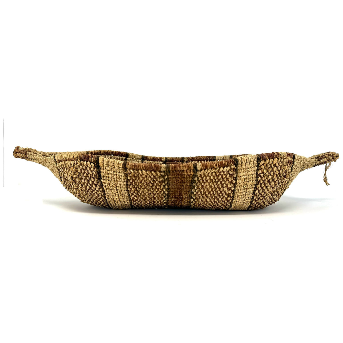 Ethiopian Gambela 'Canoe-Shaped' Basket with Brown and Black Stripes Measuring 19.75 Inches Long by 3.5 Inches Tall