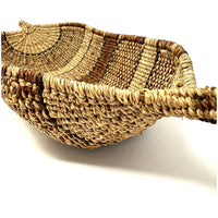 Ethiopian Gambela 'Canoe-Shaped' Basket with Brown and Black Stripes Measuring 19.75 Inches Long by 3.5 Inches Tall