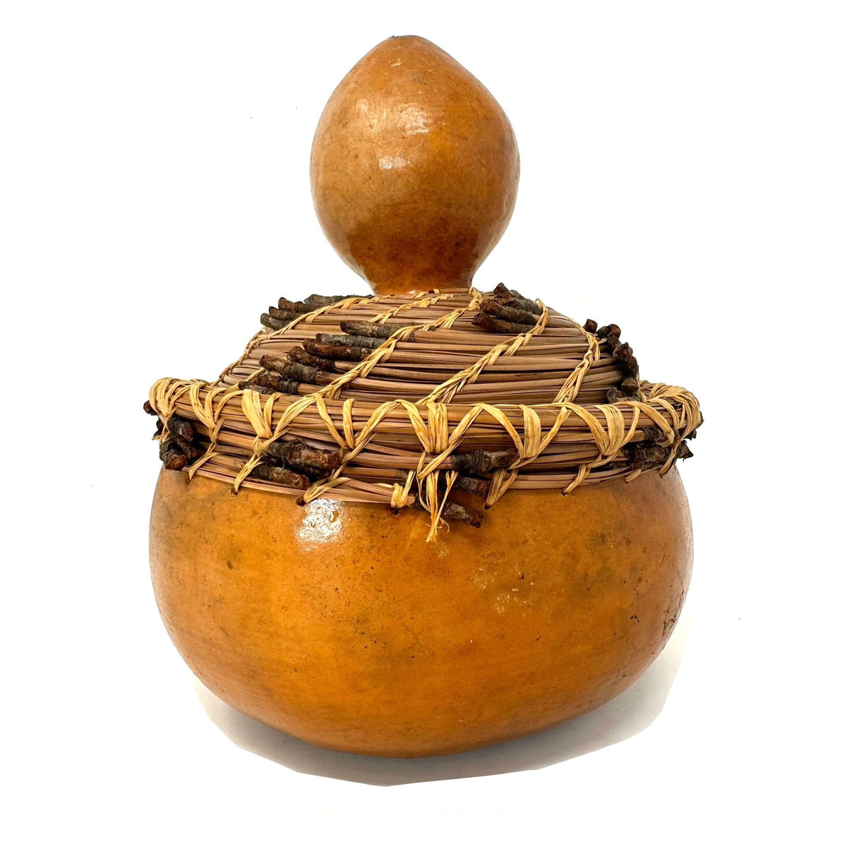 Mid-Century Tutsi Art Gourd with Woven Basketry Top from Rwanda Measuring 7 Inches Diameter by 8.25 Inches Tall