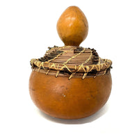 Mid-Century Tutsi Art Gourd with Woven Basketry Top from Rwanda Measuring 7 Inches Diameter by 8.25 Inches Tall