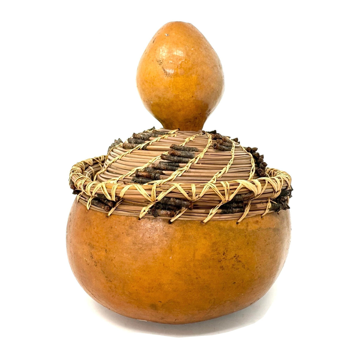 Mid-Century Tutsi Art Gourd with Woven Basketry Top from Rwanda Measuring 7 Inches Diameter by 8.25 Inches Tall