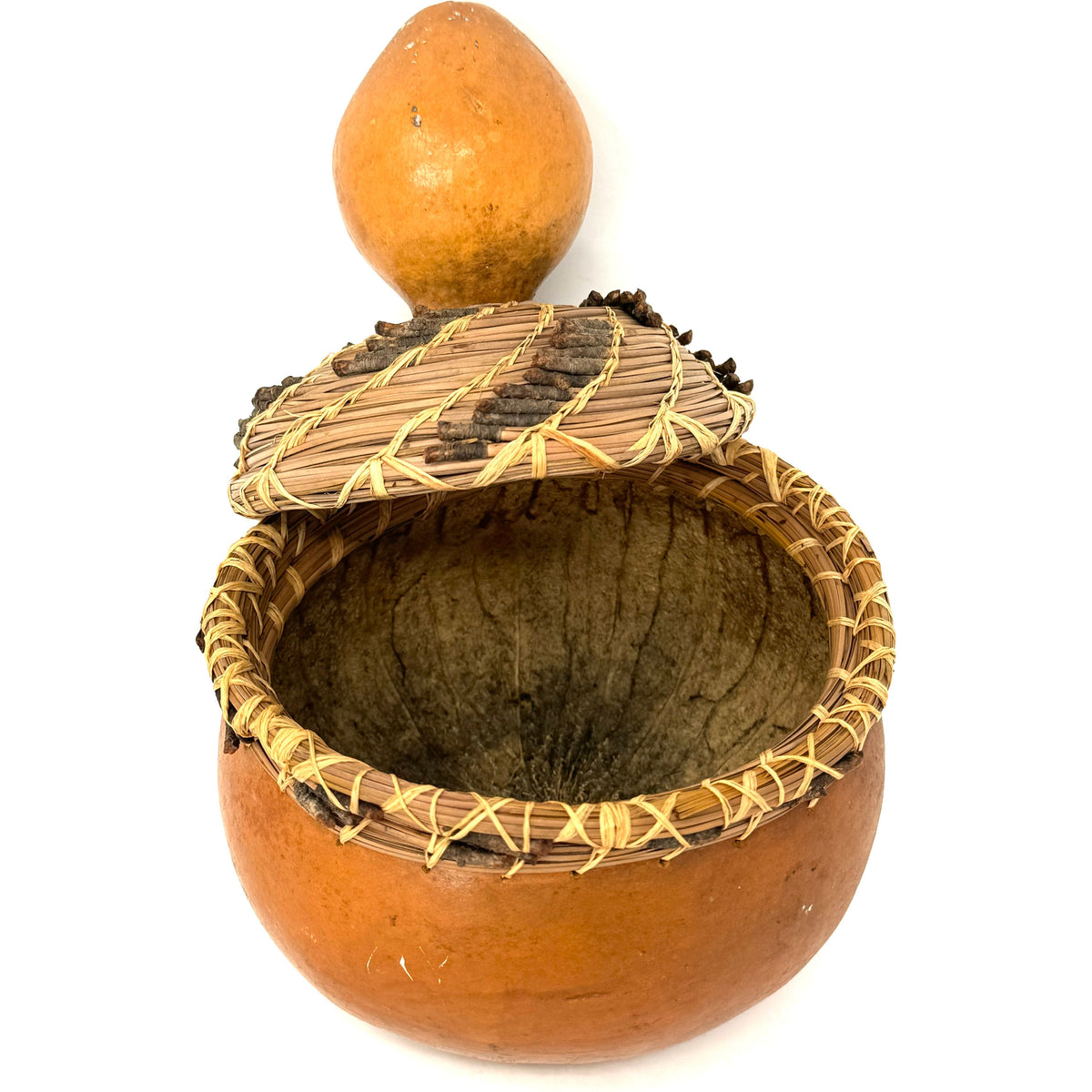 Mid-Century Tutsi Art Gourd with Woven Basketry Top from Rwanda Measuring 7 Inches Diameter by 8.25 Inches Tall