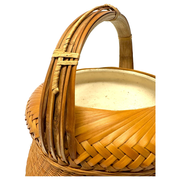 Intricately Woven Vintage Basket with Ceramic Insert from the Philippines - 8" H X 7.63" Diameter