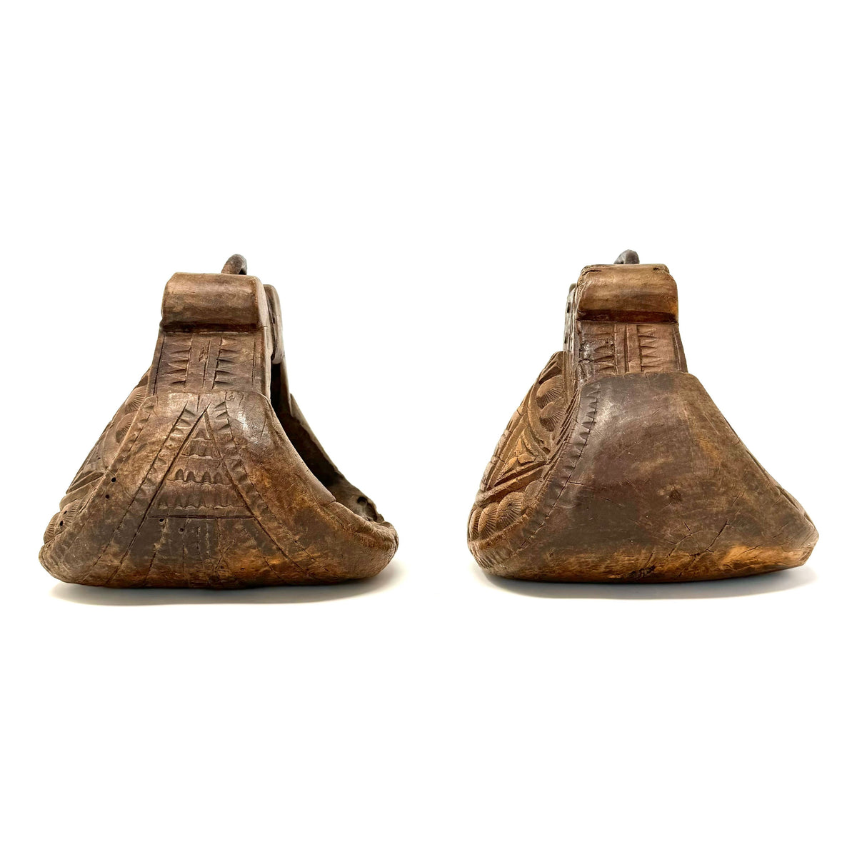 Pair of 19th Century Mapuche Carved Wood Stirrups from Chile/Argentina - 7.5" H X 6.75" W X 7.5" D (Each)