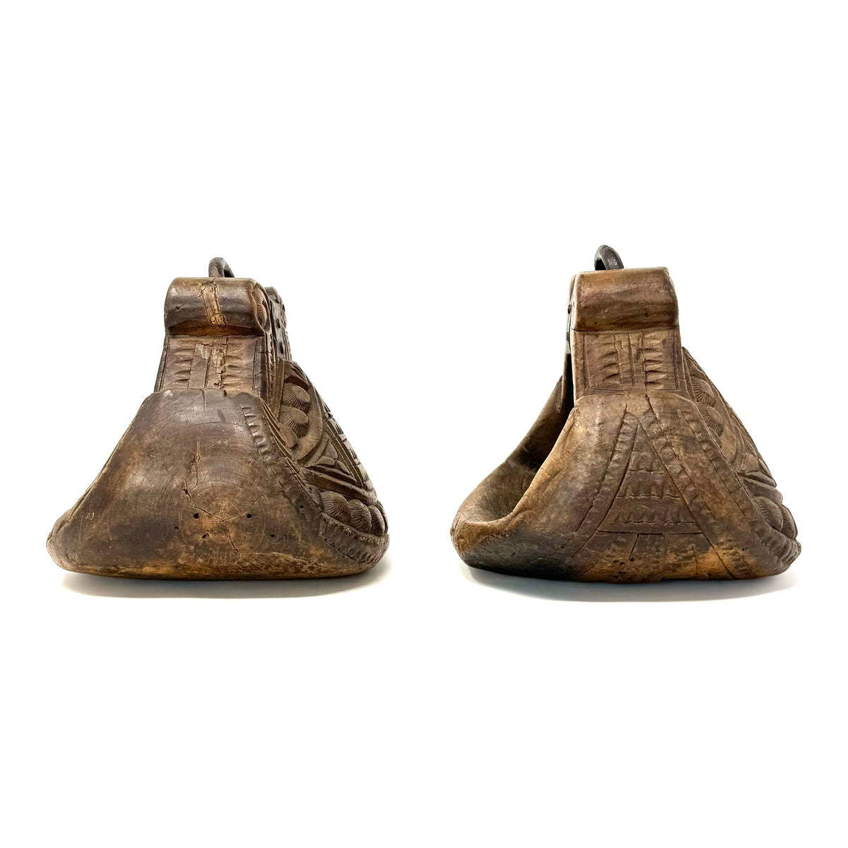 Pair of 19th Century Mapuche Carved Wood Stirrups from Chile/Argentina - 7.5" H X 6.75" W X 7.5" D (Each)