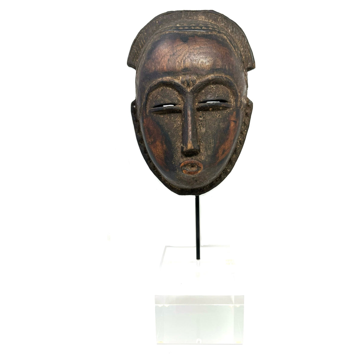 Vintage Baule Portrait Mask from Ivory Coast with Acrylic Stand - 16" H X 6.5" W X 3.5" D