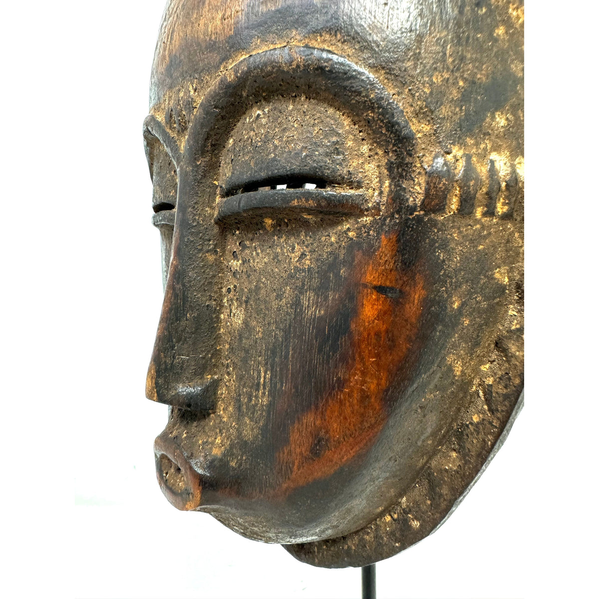 Vintage Baule Portrait Mask from Ivory Coast with Acrylic Stand - 16" H X 6.5" W X 3.5" D