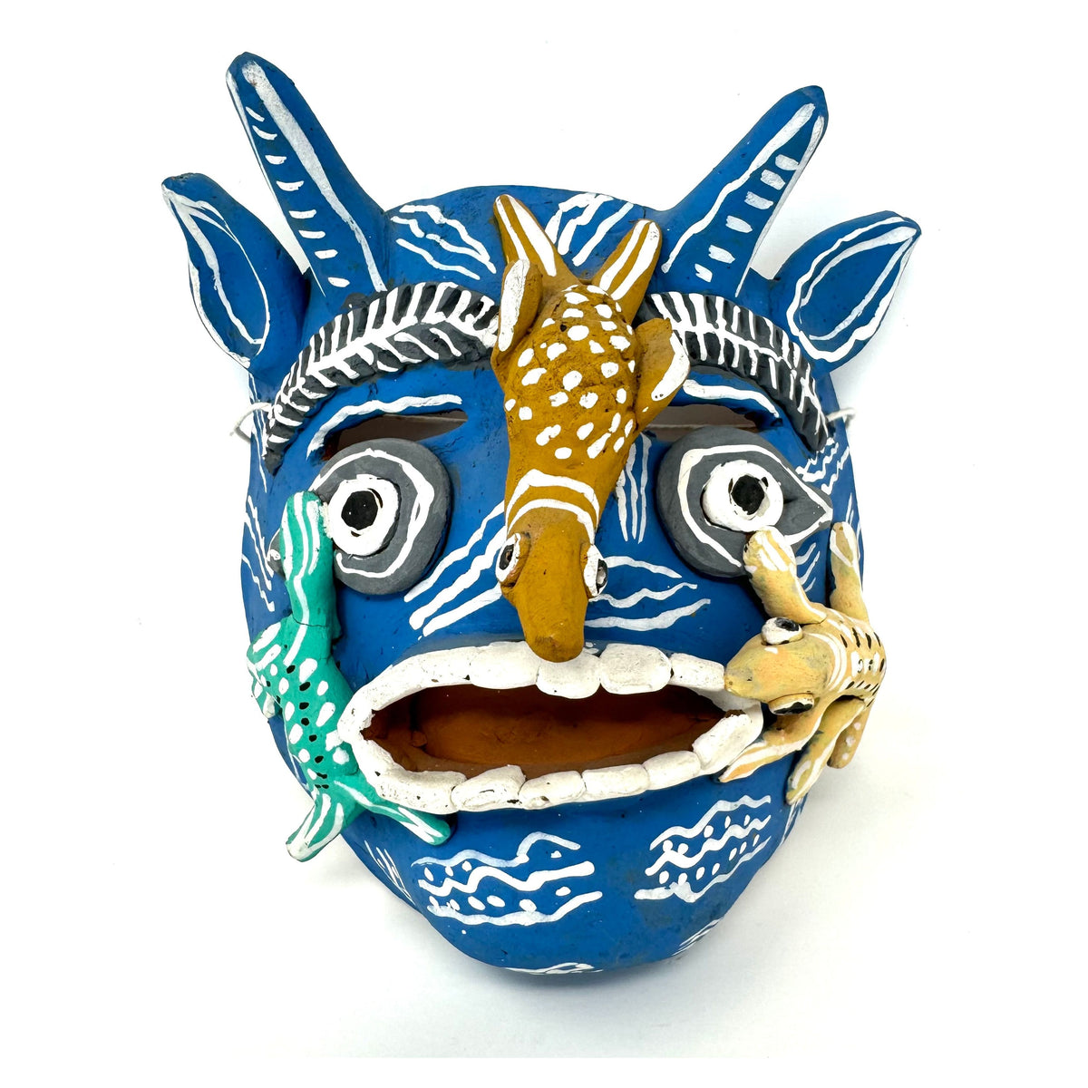 Handpainted Blue-Colored Clay Devil Mask from Ocumicho, Michoacán, Mexico - 8" H X 7" W X 4" D