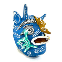 Handpainted Blue-Colored Clay Devil Mask from Ocumicho, Michoacán, Mexico - 8" H X 7" W X 4" D