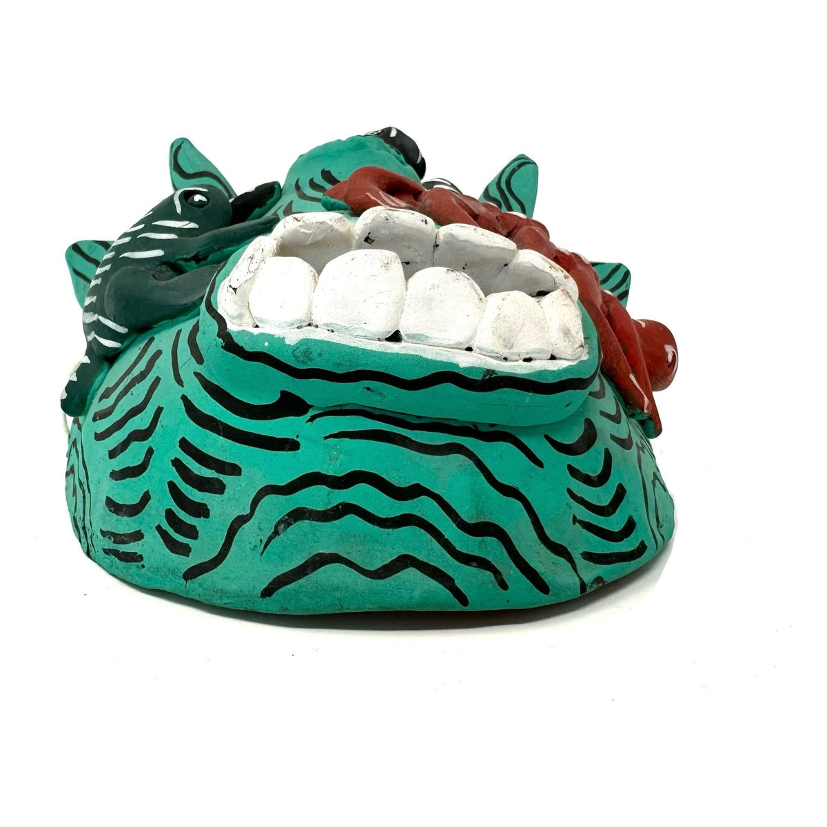 Turquoise-Colored Clay Devil Mask from Ocumicho, Michoacán, Mexico - 8" H X 7" W X 4" D