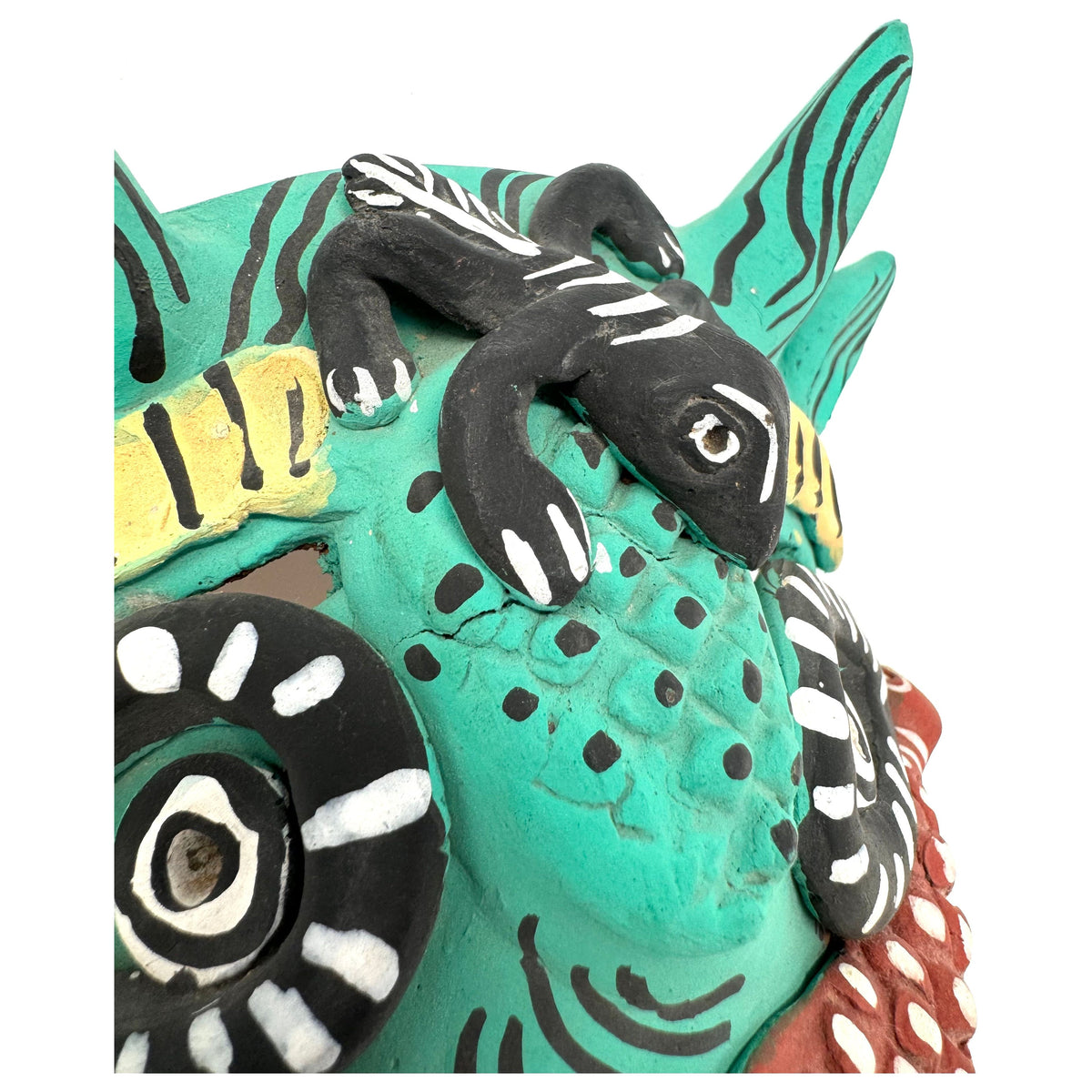 Turquoise-Colored Clay Devil Mask from Ocumicho, Michoacán, Mexico - 8" H X 7" W X 4" D