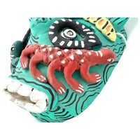 Turquoise-Colored Clay Devil Mask from Ocumicho, Michoacán, Mexico - 8" H X 7" W X 4" D