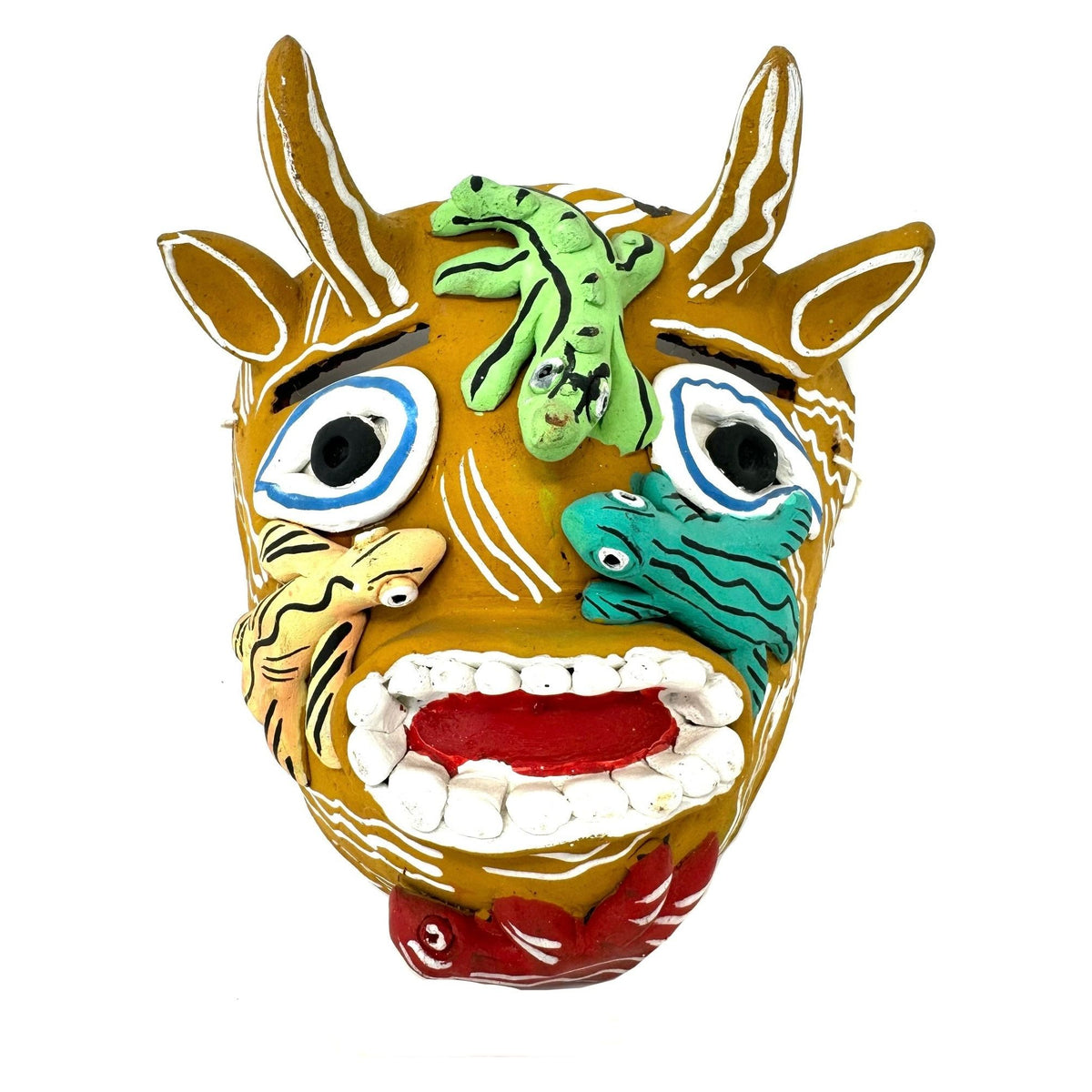 Mustard-Colored Clay Devil/Diablito Mask from Ocumicho, Michoacán, Mexico - 8" H X 7" W X 4" D