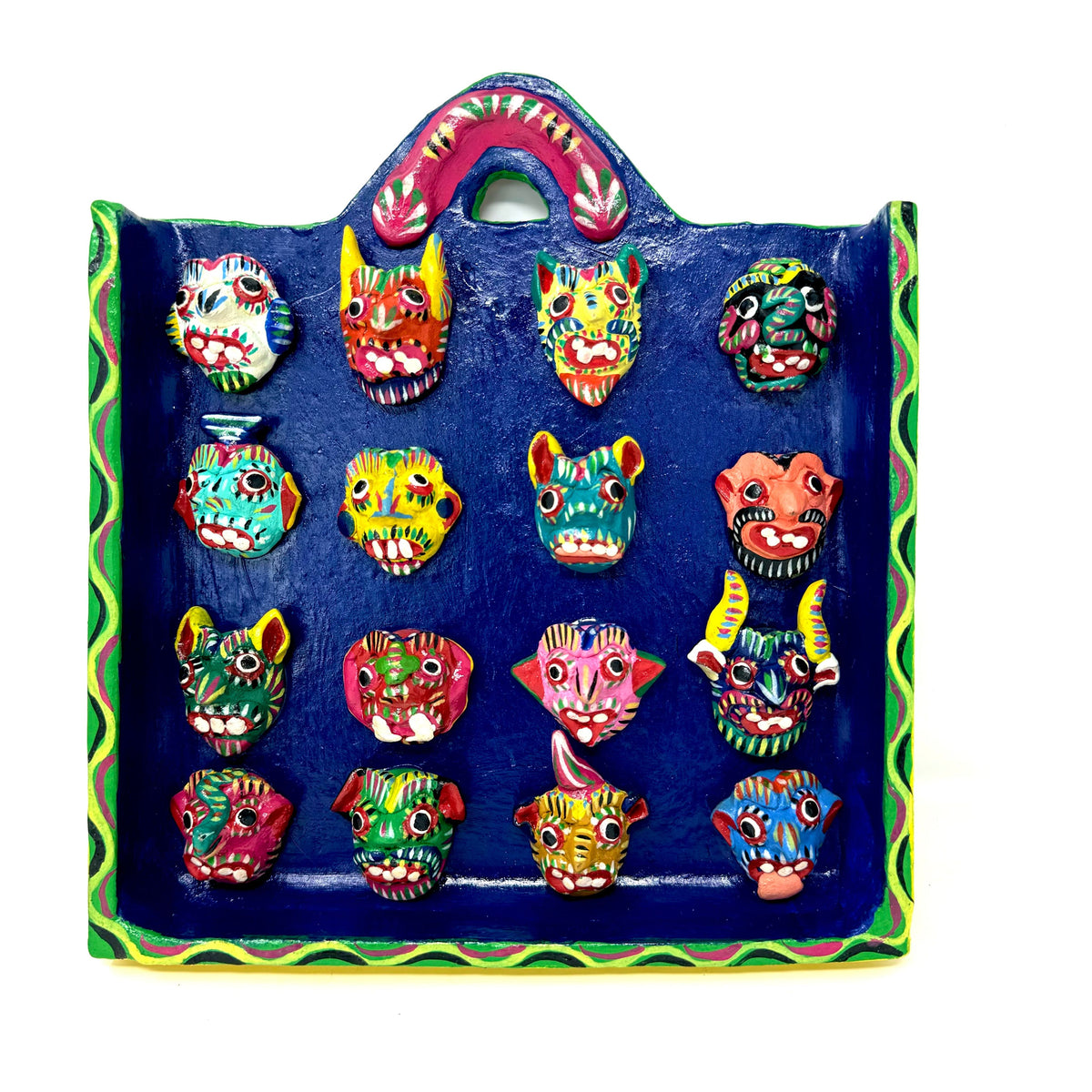 Ortega Family Folk Art Display Plaque of 16 Minature Masks from Mexico - 9.5" H X 8.75" W X 1.38" D