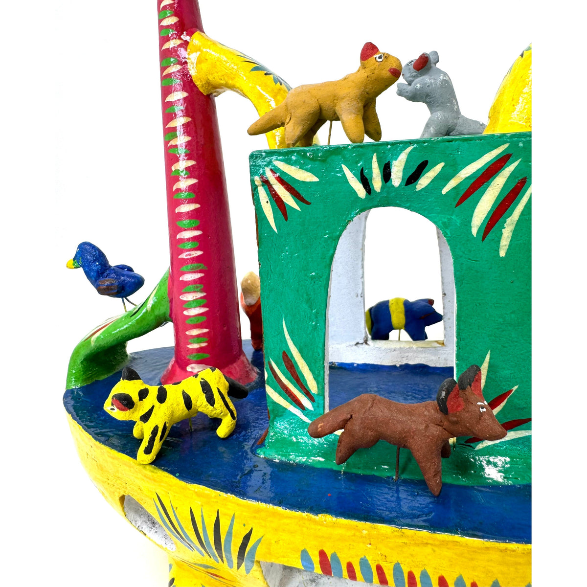 Yellow Mexican Folk Art 'Noah's Ark' by Gerardo Ortega (Calendario Style), Measuring 12.25 Inches Tall by 12.5 Inches Long