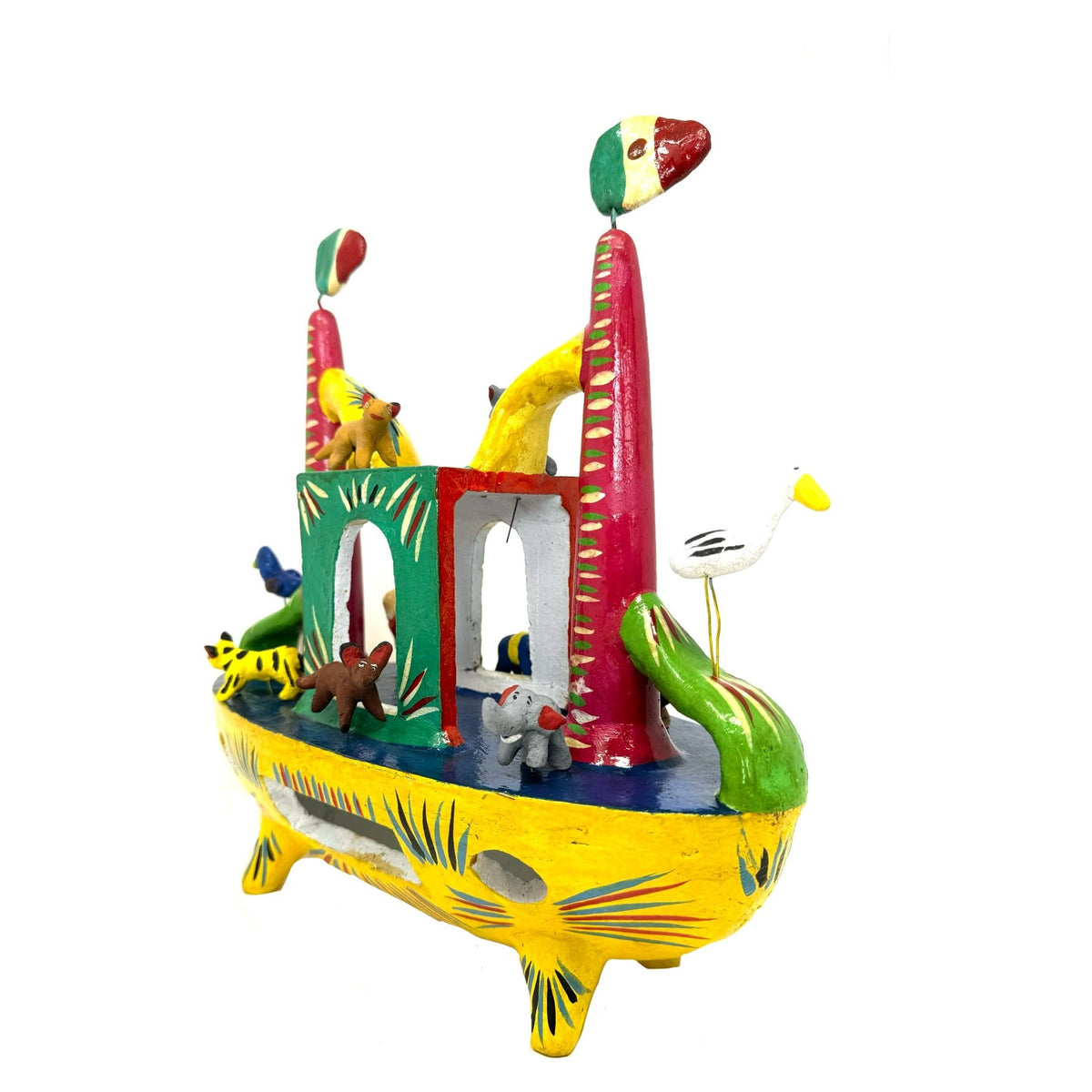 Yellow Mexican Folk Art 'Noah's Ark' by Gerardo Ortega (Calendario Style), Measuring 12.25 Inches Tall by 12.5 Inches Long