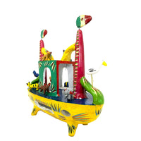 Yellow Mexican Folk Art 'Noah's Ark' by Gerardo Ortega (Calendario Style), Measuring 12.25 Inches Tall by 12.5 Inches Long