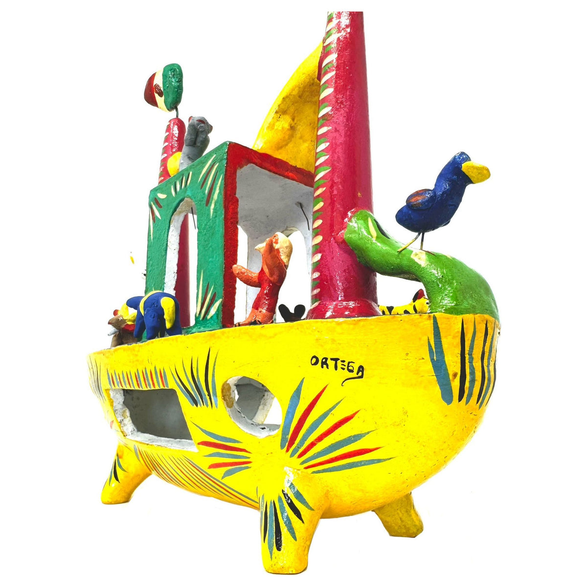 Yellow Mexican Folk Art 'Noah's Ark' by Gerardo Ortega - 12.25" H X 12.5" L X 5.5" W