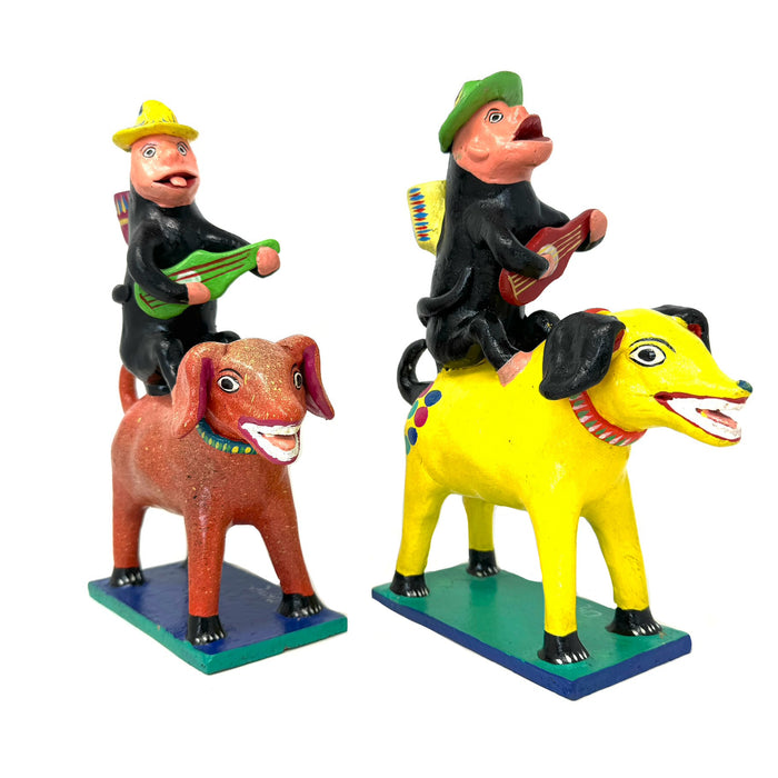 Set of Gerardo Ortega Brightly Painted Mexican Folk Art Monkey & Dog Candleholders - 10.75" H X 8.5" L X 3.25" W