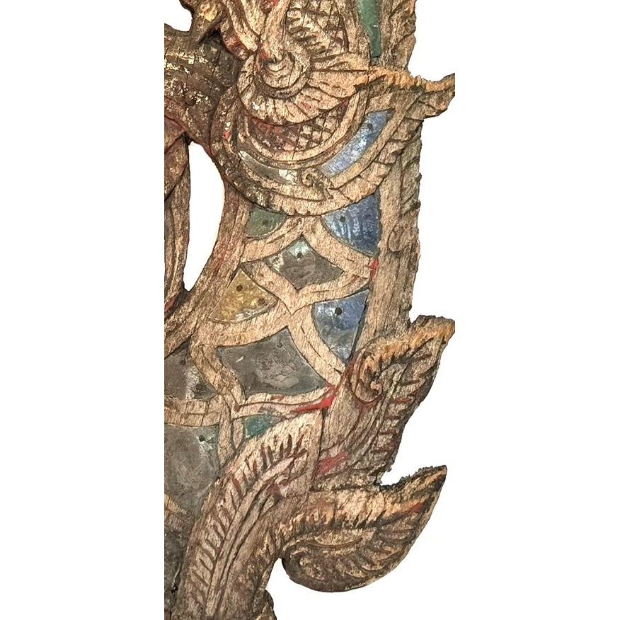 19th Century Thai Wooden Temple Dragon with Decorative Green, Gold & Blue Metal Tiles Mounted Free-Standing on Acrylic Base - 36.5" H X 12" W X 5" D