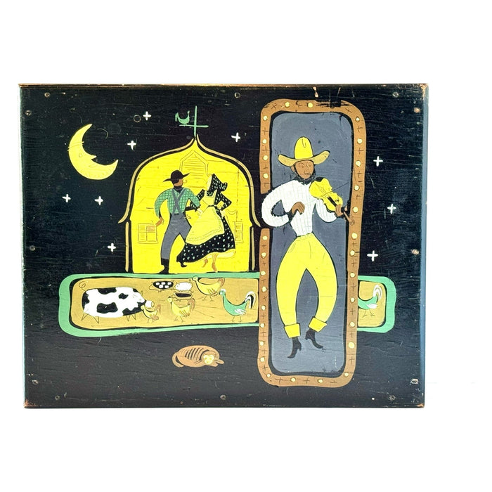 Painted Folk Art Wooden Box Top Wall Hanging of a Dancing Fiddler - 16" H X 20" W X 4" D