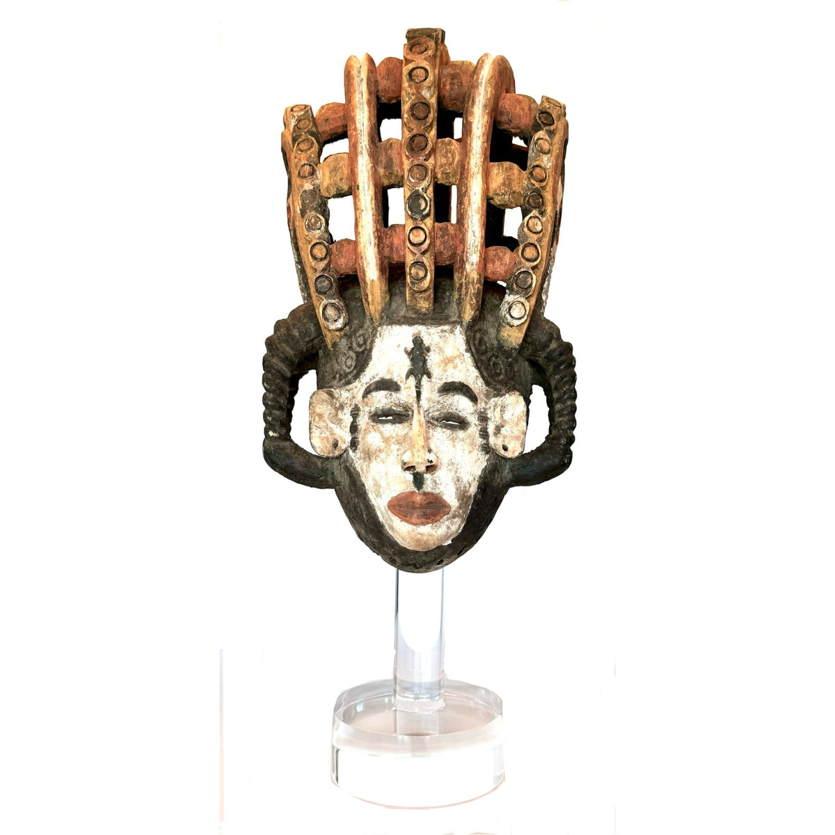 Agbogho Ibo 'Maiden Spirit' Helmet Mask from Nigeria with Custom Acrylic Stand - 28.5" H X 12" W X 15" D