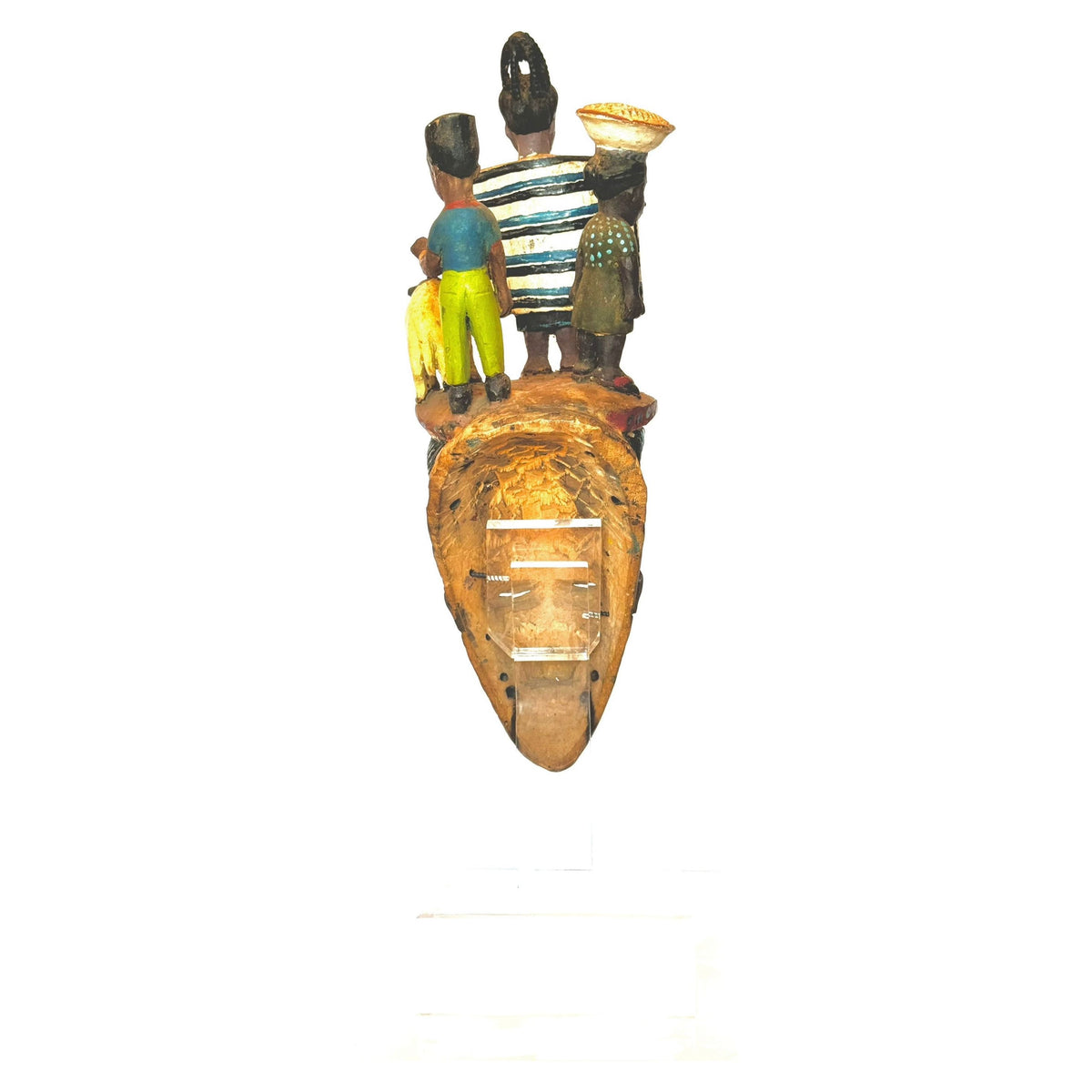 Vintage Guro Mask with Three Figures Atop Head from Ivory Coast with Custom Acrylic Stand - 26" H X 7" W X 8.75" D