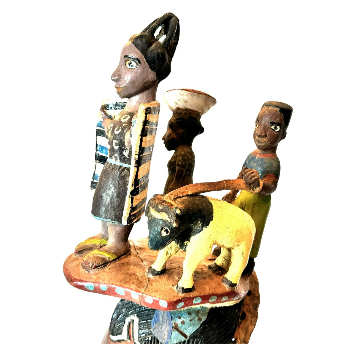 Vintage Guro Mask with Three Figures Atop Head from Ivory Coast with Custom Acrylic Stand - 26" H X 7" W X 8.75" D