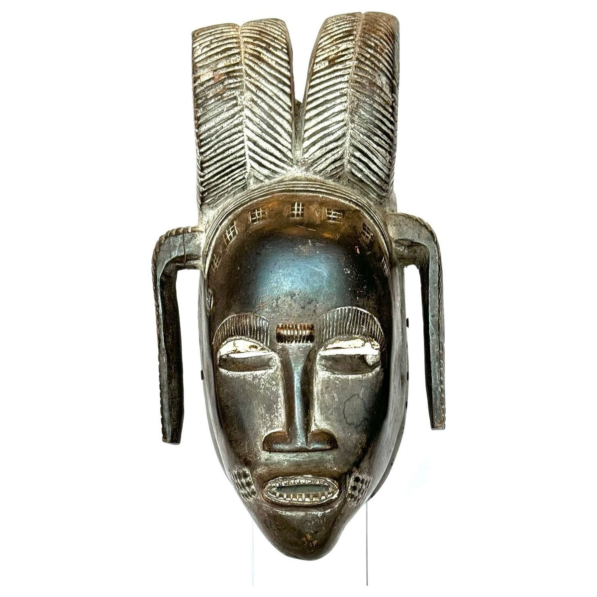 Vintage Baule/Guro 'Kpan Pre' Style Mask from Ivory Coast with Custom Acrylic Stand - 18.5" X 6.75" W X 6"D