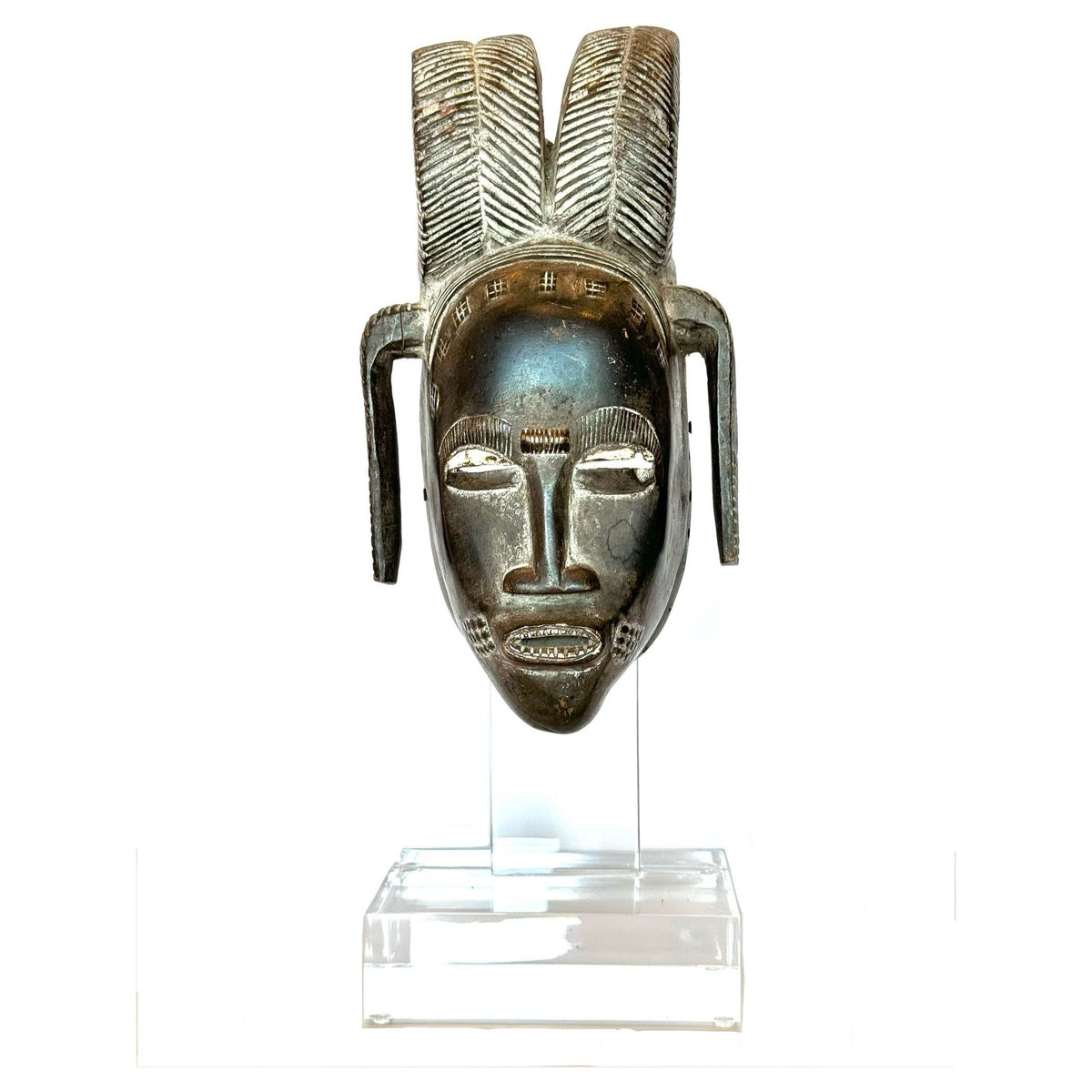 Vintage Baule/Guro 'Kpan Pre' Style Mask from Ivory Coast with Custom Acrylic Stand - 18.5" X 6.75" W X 6"D