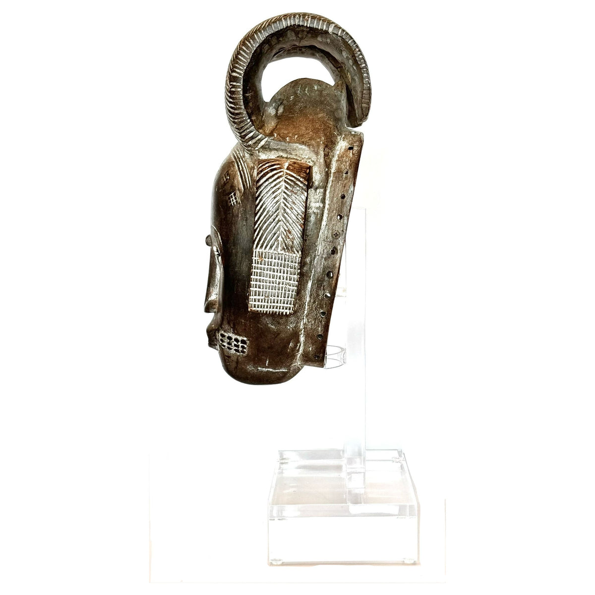 Vintage Baule/Guro 'Kpan Pre' Style Mask from Ivory Coast with Custom Acrylic Stand - 18.5" X 6.75" W X 6"D