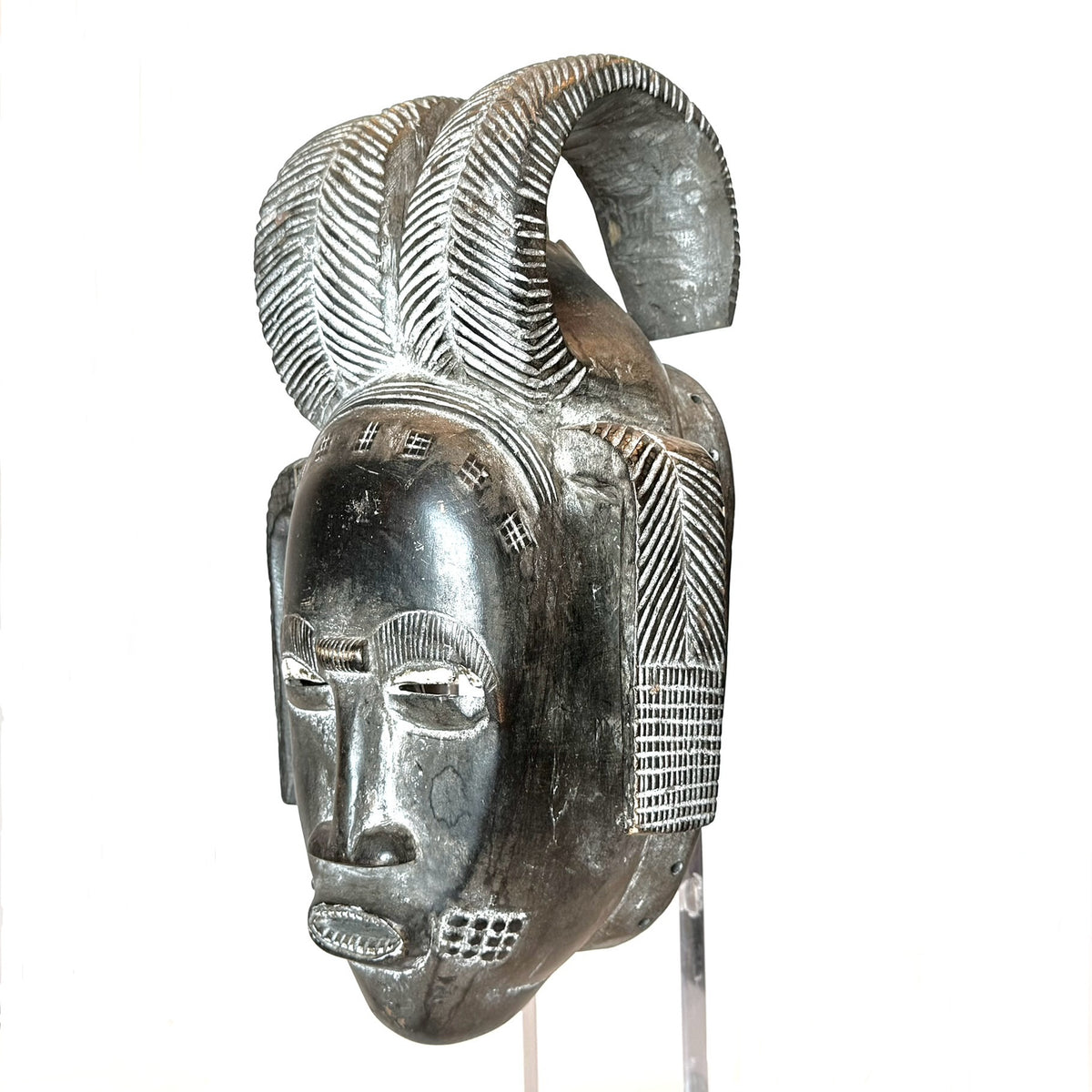 Vintage Baule/Guro 'Kpan Pre' Style Mask from Ivory Coast with Custom Acrylic Stand - 18.5" X 6.75" W X 6"D