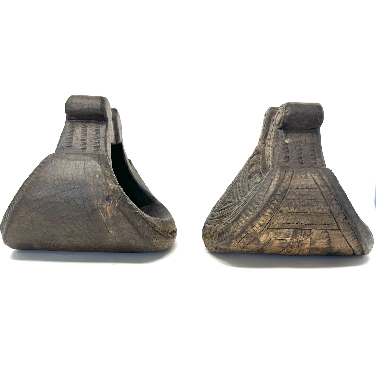 Pair of 19th Century Mapuche Carved Wood Stirrups from Chile/Argentina - 7" H X 7" W X 7.5" D Wide (Each)