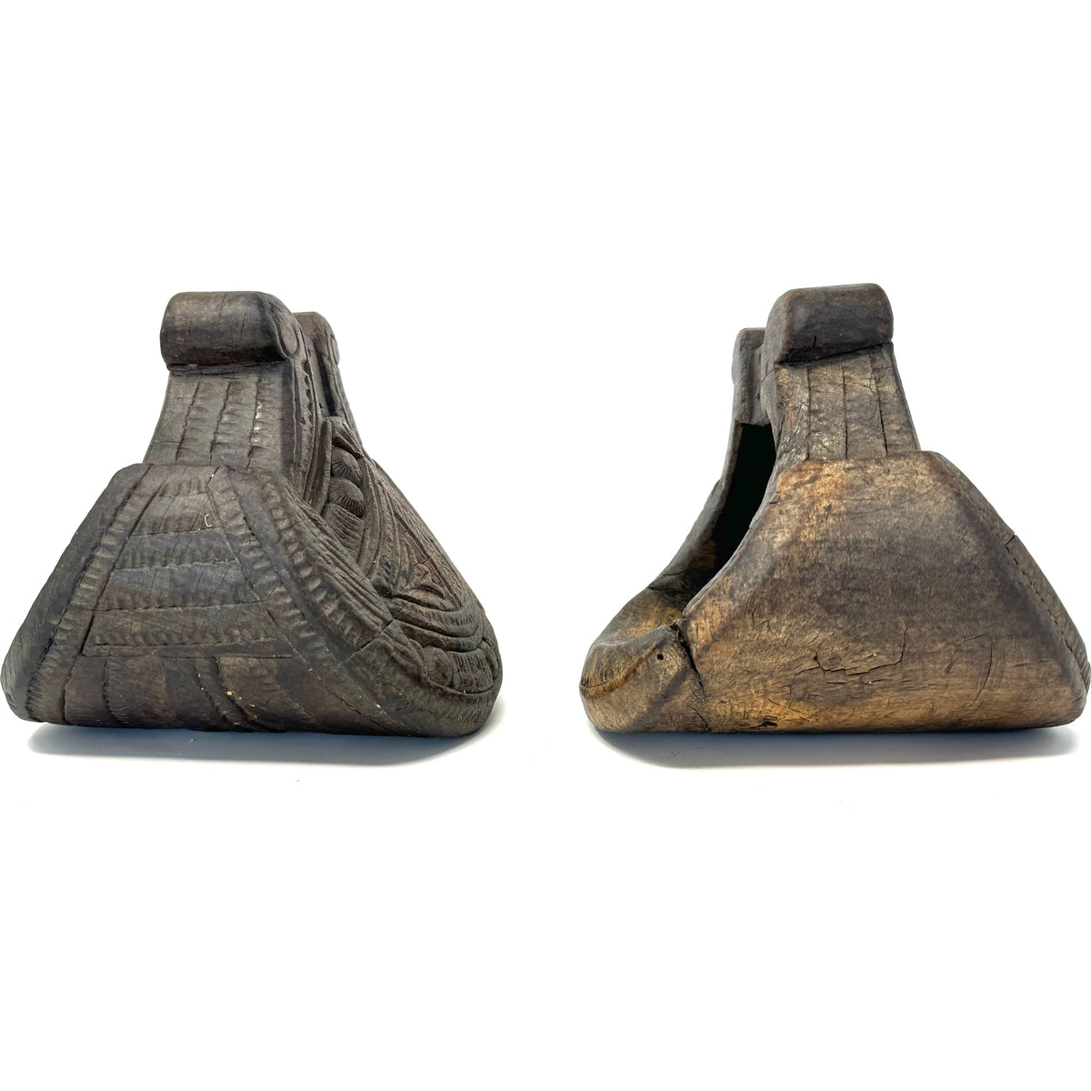 Pair of 19th Century Mapuche Carved Wood Stirrups from Chile/Argentina - 7" H X 7" W X 7.5" D Wide (Each)