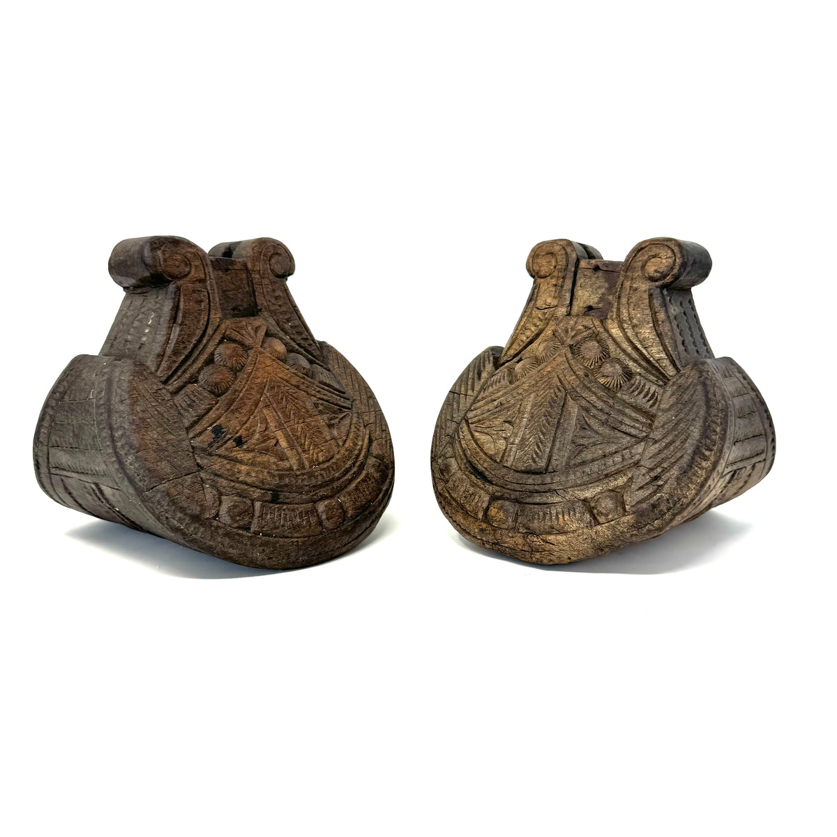 Pair of 19th Century Mapuche Carved Wood Stirrups from Chile/Argentina - 7" H X 7" W X 7.5" D Wide (Each)