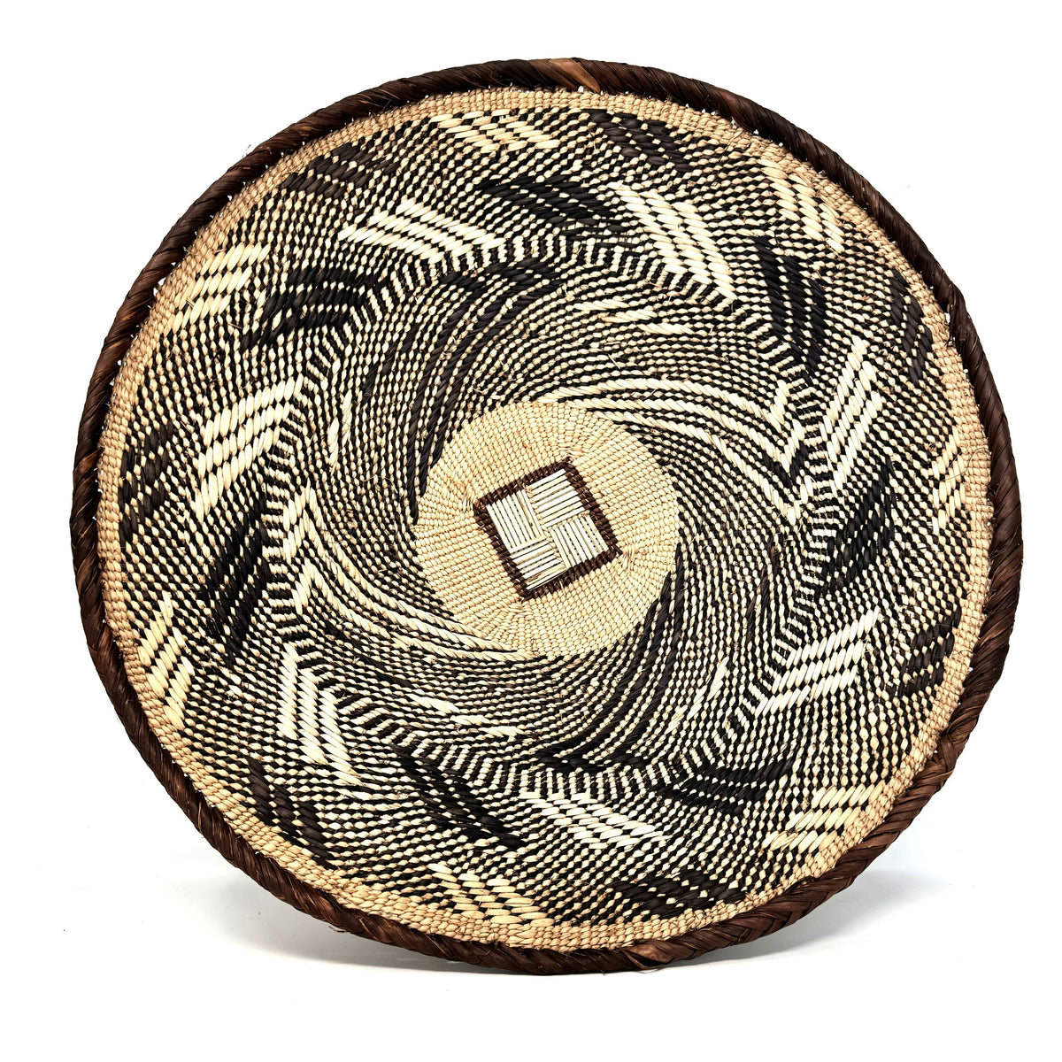 Set of Three Vintage Tongan Handwoven Round Baskets with Geometric Designs in Neutral Earth Tones from Zimbabwe