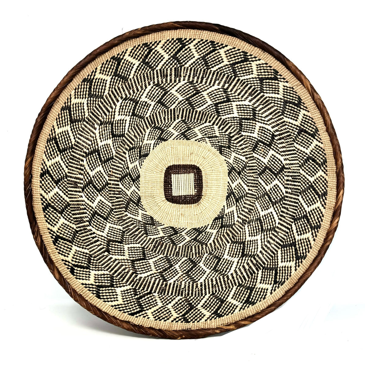 Set of Three Vintage Tongan Handwoven Round Baskets with Geometric Designs in Neutral Earth Tones from Zimbabwe