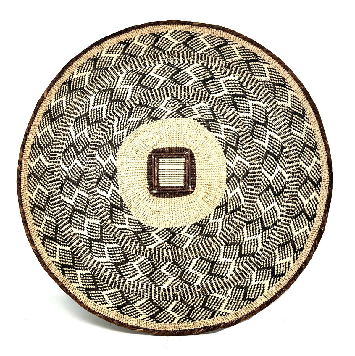 Set of Three Vintage Tongan Handwoven Round Baskets with Geometric Designs in Neutral Earth Tones from Zimbabwe