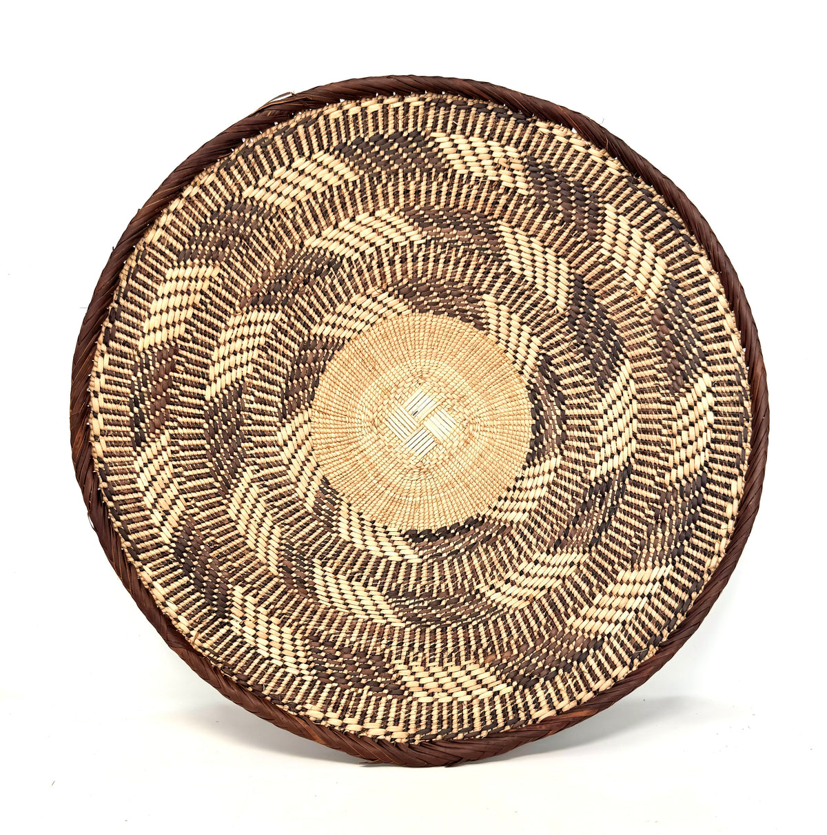 Set of Three Vintage Tongan Handwoven Round Baskets with Geometric Designs in Neutral Earth Tones from Zimbabwe