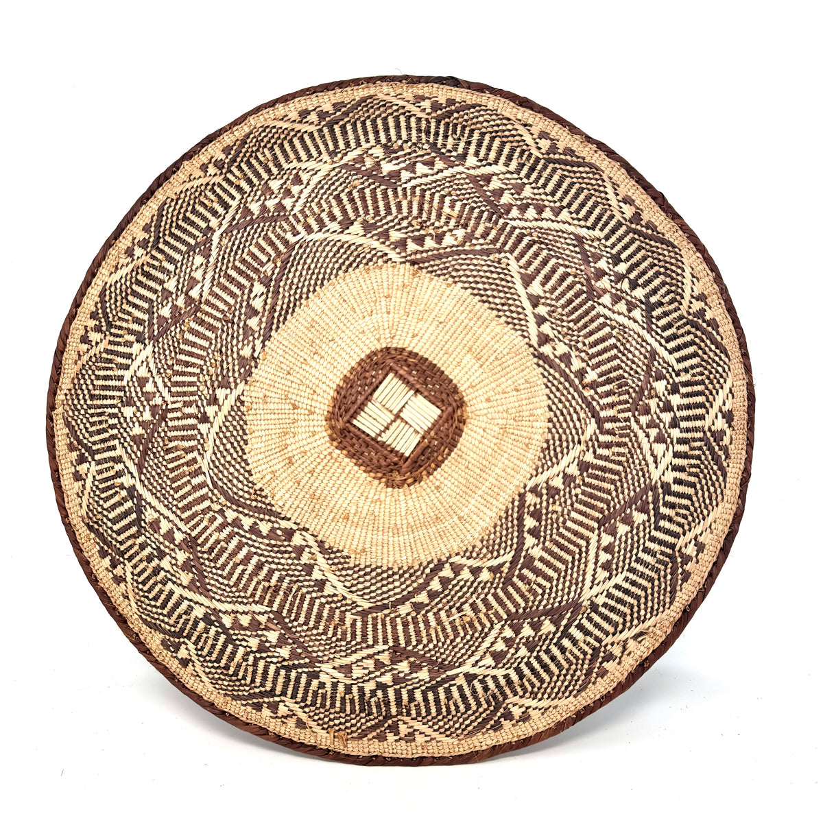 Set of Three Vintage Tongan Handwoven Round Baskets with Geometric Designs in Neutral Earth Tones from Zimbabwe